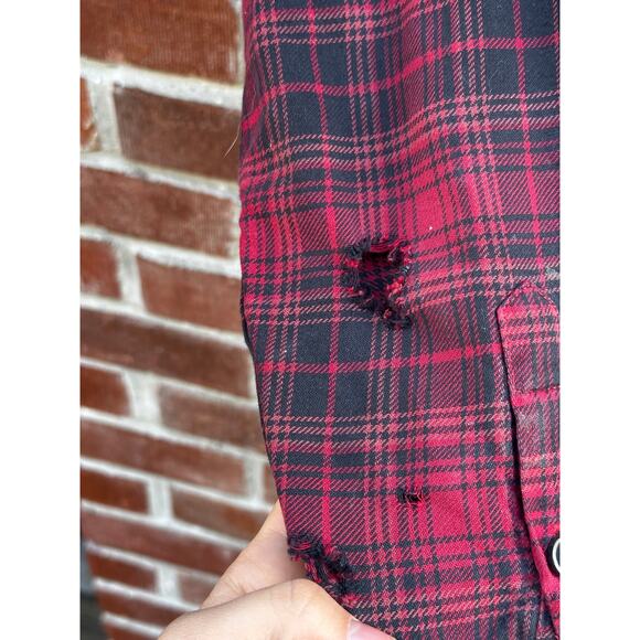 JACHS Red Plaid Flannel Shirt Distressed Grunge - Picture 4 of 5